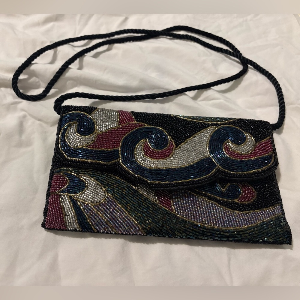 Beaded Wave Pattern Evening Crossbody Bag - Black, Blue & Pink